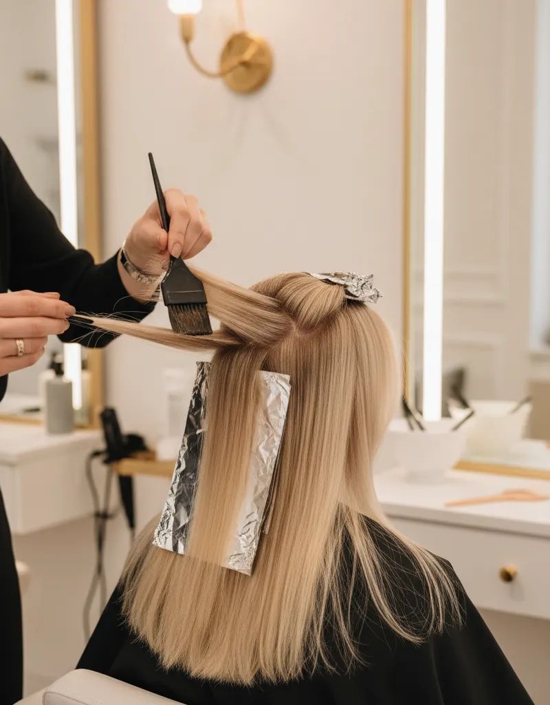 Professional colorist applying lowlights with weaving technique to add depth