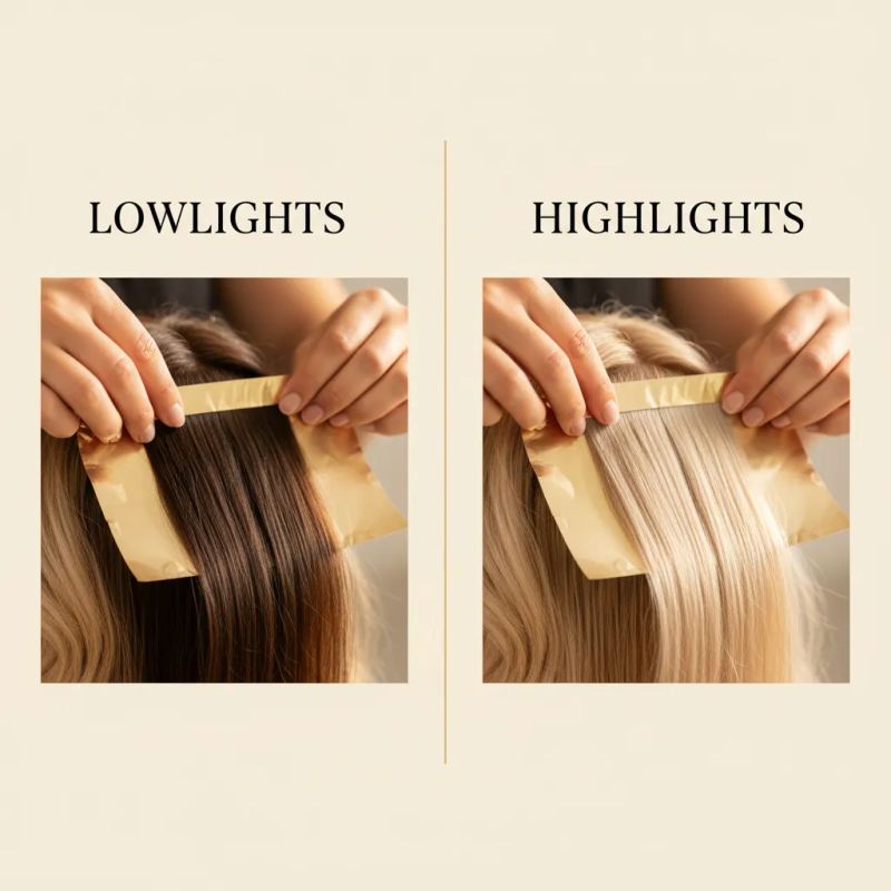 Visual comparison of lowlights vs highlights showing technique differences