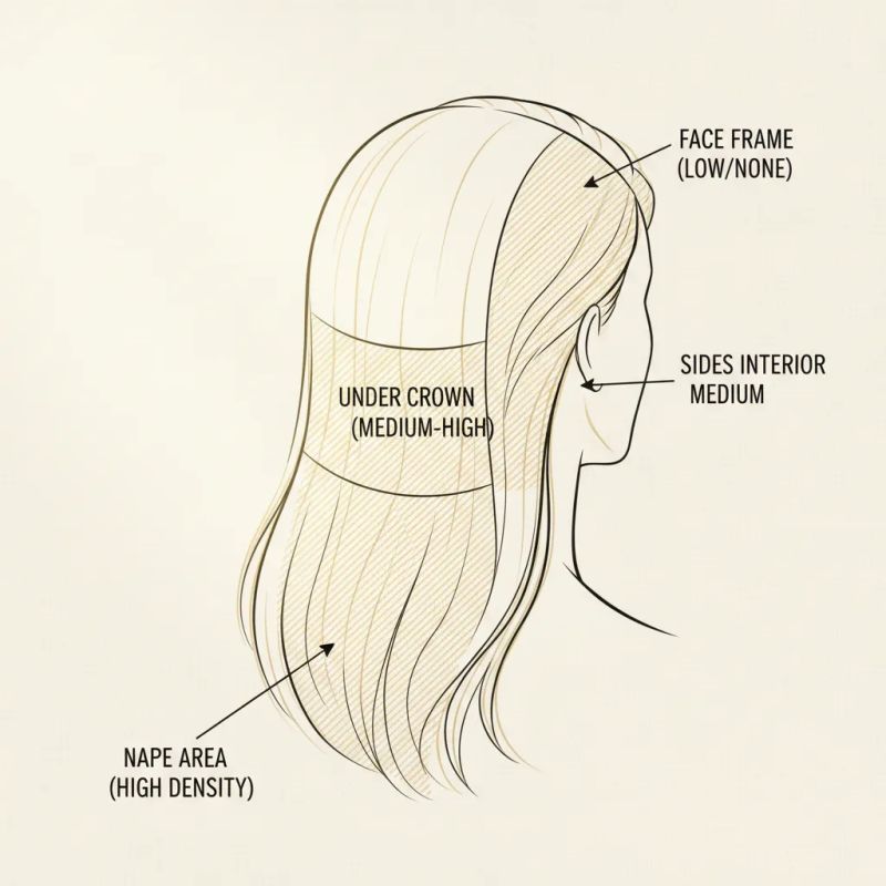 Diagram of sectioning zones for lowlights placement showing density by area