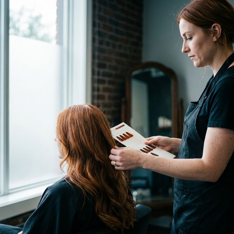 Profissional da cor encosta uma tira da cartela no cabelo acobreado da pessoa sentada junto à janela, com luz do dia