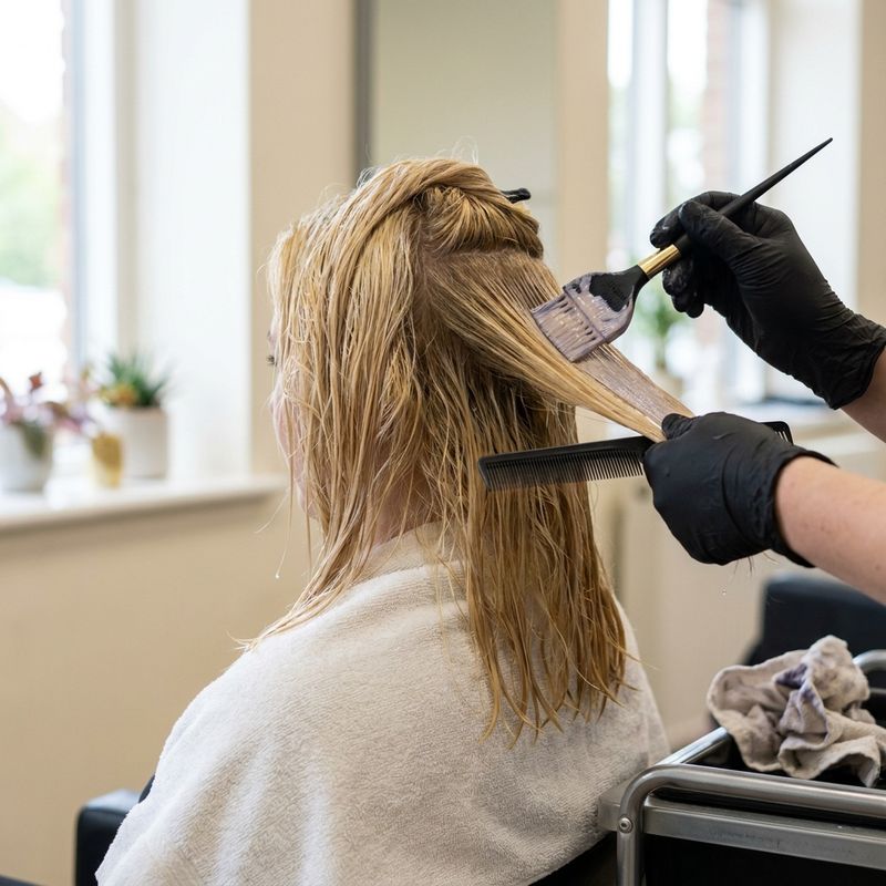 Gloved hand applying toner with a tint brush to a section of lightened blonde hair that is still damp, with a white towel around the shoulders
