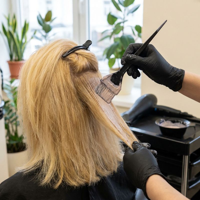 Three-quarter view of the back of a head with dry, blow-dried lightened blonde hair and a tint brush applying toner to a section, with a hairdryer in the background