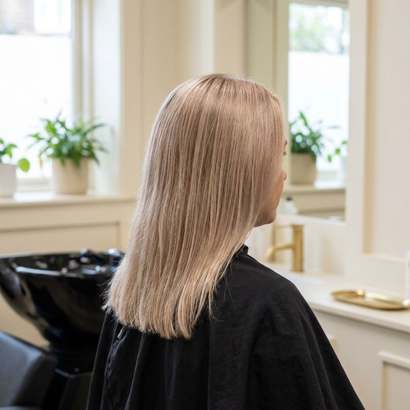Person seen from behind with freshly finished cool blonde hair under a black cape, next to a black shampoo bowl in a salon with window light; illustrative image
