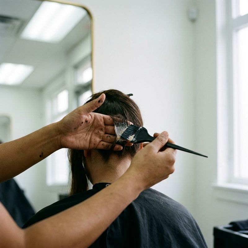 Colorist applying color remover to an isolated strand at the nape before the full service
