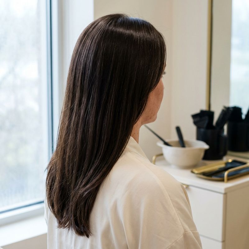 Cabelo castanho escuro colorido, brilhante e saudável, de costas, ao lado de uma janela com luz natural