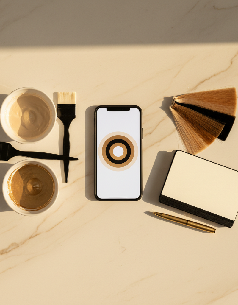 Estacion de trabajo de colorista profesional con smartphone mostrando app de color, boles de mezcla, pinceles y muestrario de tonos