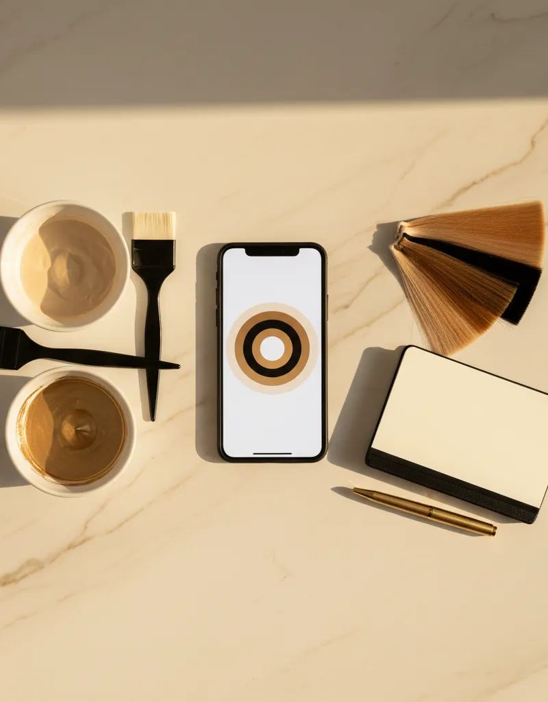 Estacion de trabajo de colorista profesional con smartphone mostrando app de color, boles de mezcla, pinceles y muestrario de tonos