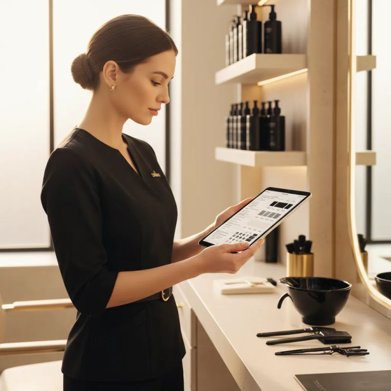 Colorista profesional usando una app de formulación de color en su tablet