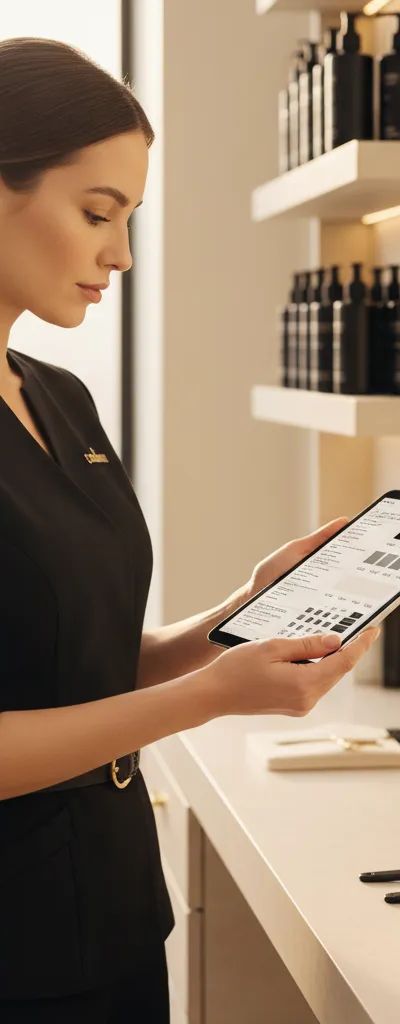 Colorista profesional usando una app de formulación de color en su tablet