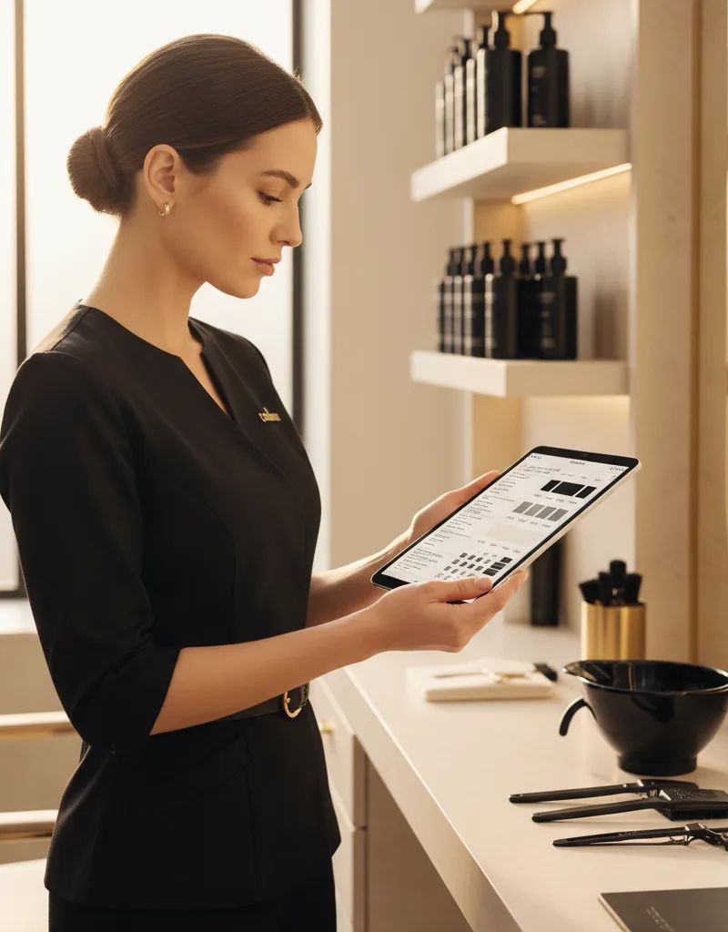 Colorista profesional usando una app de formulación de color en su tablet
