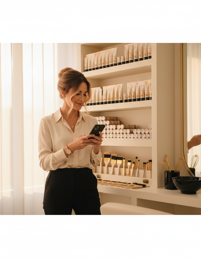 Colorista profesional independiente en su salon moderno usando smartphone para consultar formulas de color