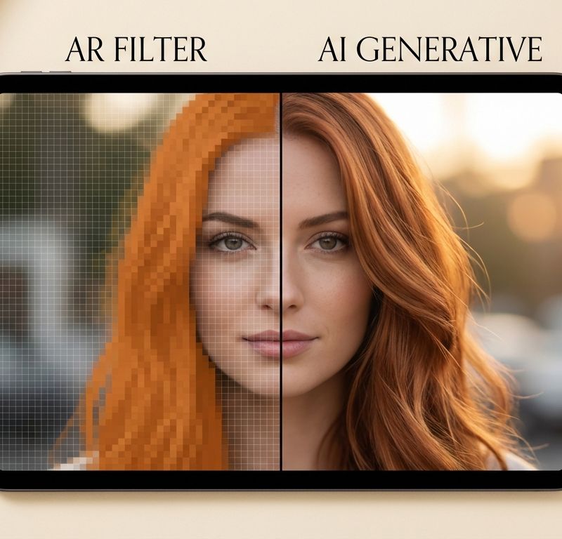 Comparativa entre filtro AR y resultado de IA generativa para cambio de color de pelo: a la izquierda superposición plana y pixelada, a la derecha resultado fotorrealista con textura natural