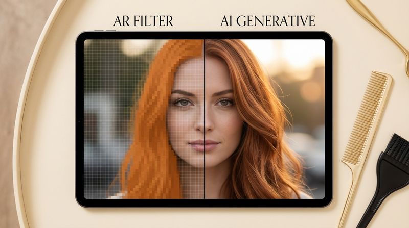 Comparativa entre filtro AR y resultado de IA generativa para cambio de color de pelo: a la izquierda superposición plana y pixelada, a la derecha resultado fotorrealista con textura natural