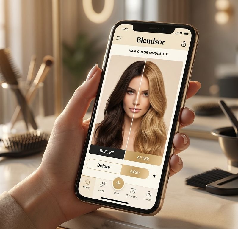 Smartphone mostrando interfaz de simulador de color de pelo con resultado antes y después: mujer probando virtualmente el rubio miel