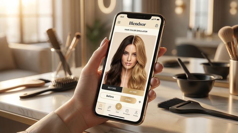 Smartphone mostrando interfaz de simulador de color de pelo con resultado antes y después: mujer probando virtualmente el rubio miel