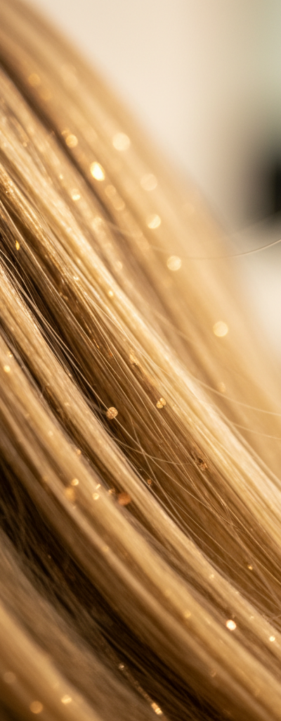 Fibras capilares con depósitos metálicos visibles bajo luz dorada profesional