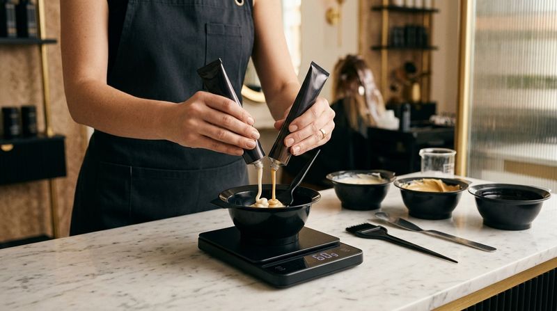 Professional colorist mixing hair dye with developer in an application bowl on a salon work surface