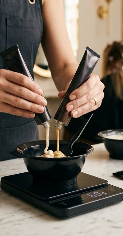 Professional colorist mixing hair dye with developer in an application bowl on a salon work surface