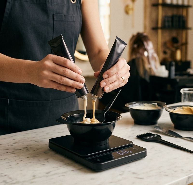 Professional colorist mixing hair dye with developer in an application bowl on a salon work surface