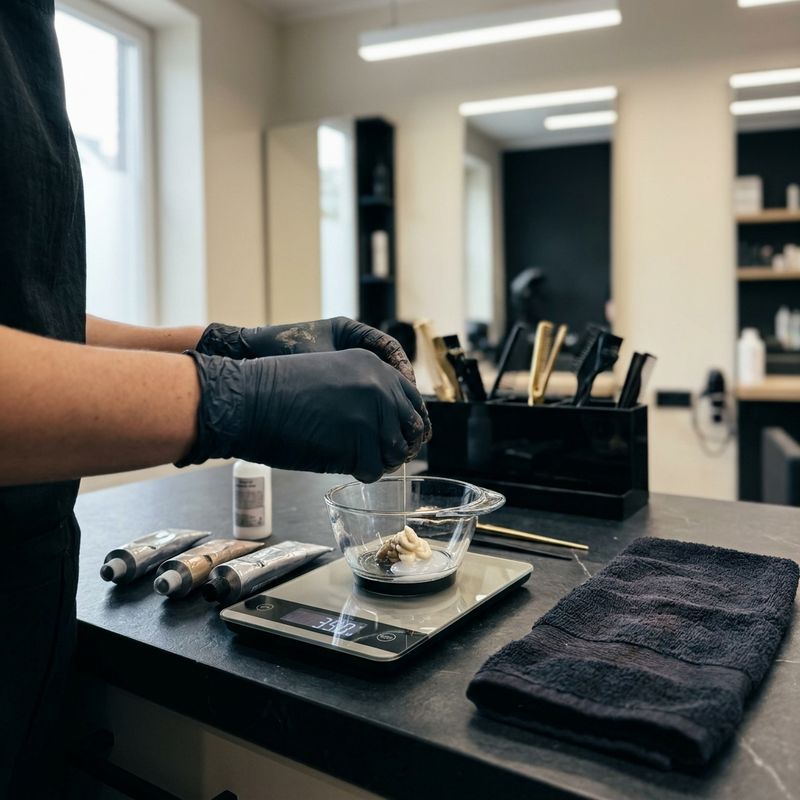 Gloved hands of a hair colorist weighing dye and developer on a digital salon scale, with a glass mixing bowl and dye tubes nearby