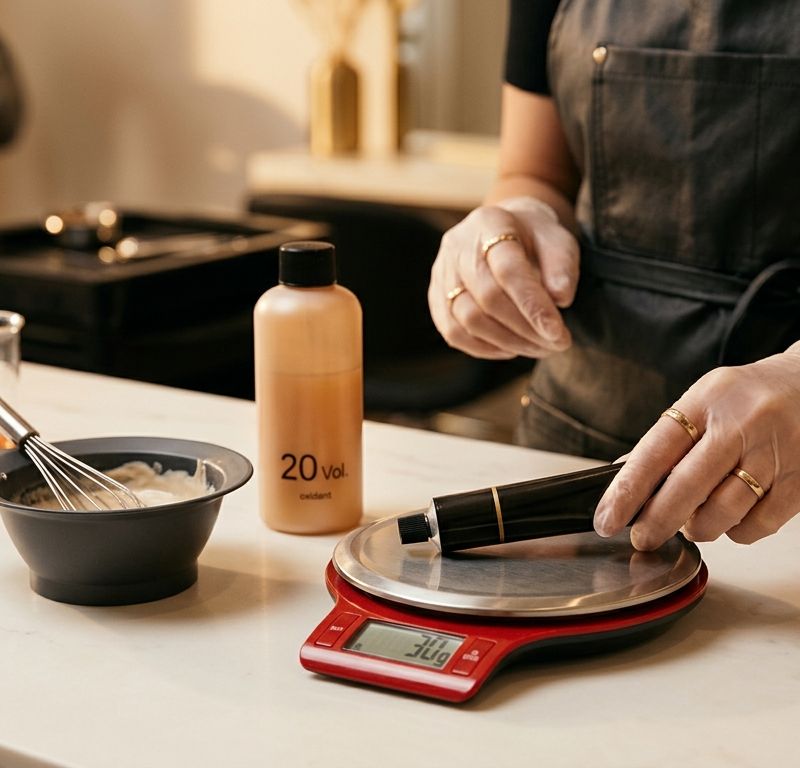 Professional colorist measuring hair dye proportions with precision on a salon workstation
