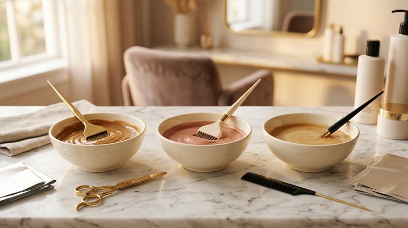 Three mixing bowls showing 1:1, 1:1.5, and 1:2 dye to developer ratios in a professional salon