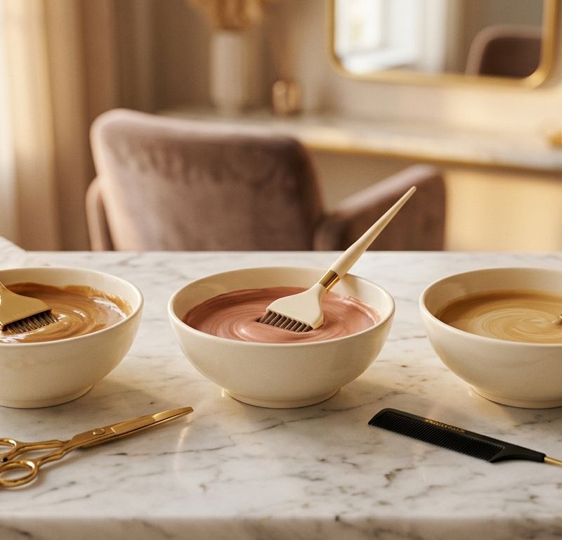 Three mixing bowls showing 1:1, 1:1.5, and 1:2 dye to developer ratios in a professional salon