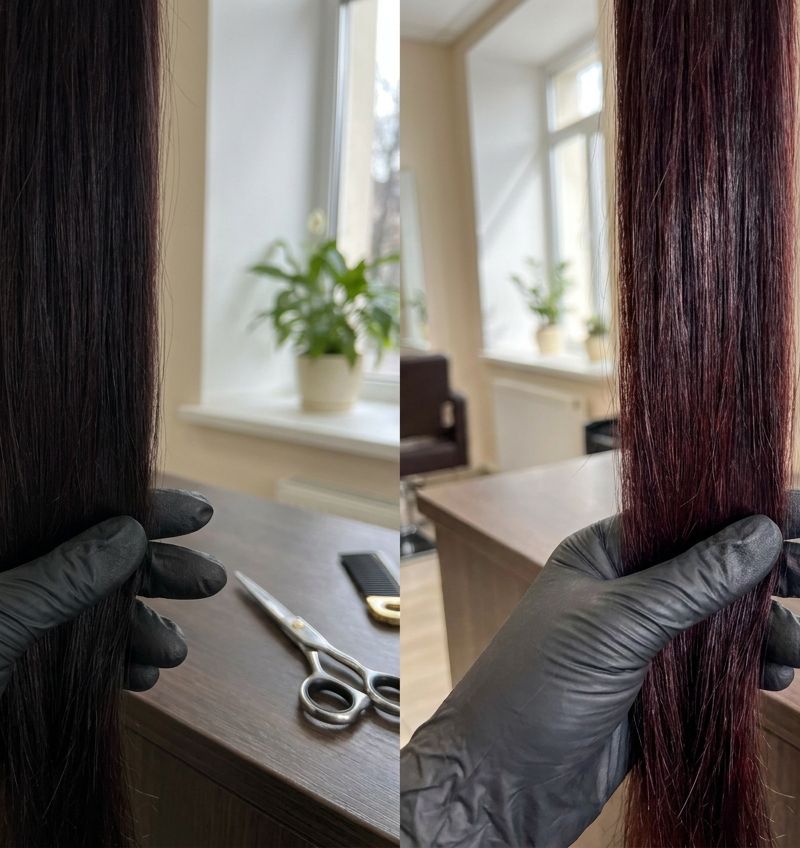 Un mismo mechón de cabello teñido de cereza oscuro fotografiado bajo luz artificial de interior y bajo luz natural directa