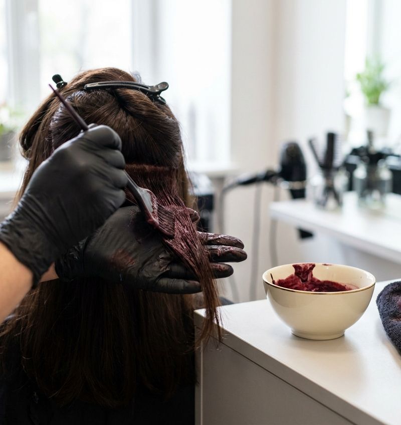 Manos con guantes negros aplicando con paletina una crema de color rojo violeta oscuro sobre una sección de cabello