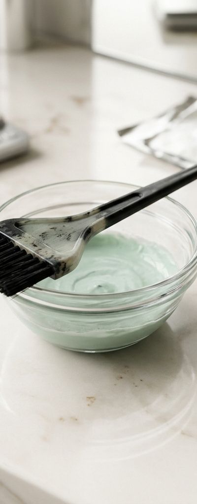 Bol de vidrio con mezcla de tinte y dos tubos de corrector, mate y ceniza, sobre superficie de mármol claro en un salón de coloración