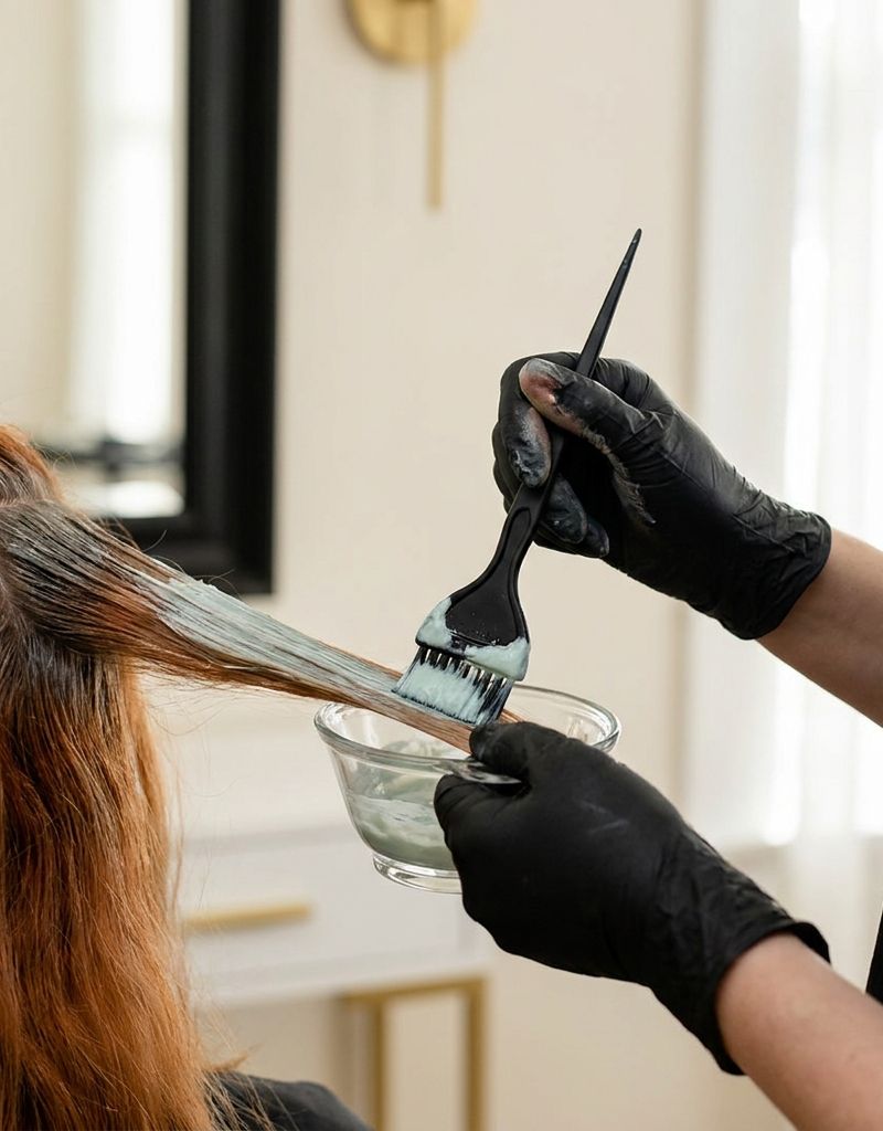 Manos de un profesional del color aplicando una mezcla de corrector sobre un mechón de cabello con reflejo rojo-anaranjado, en un bol de cristal