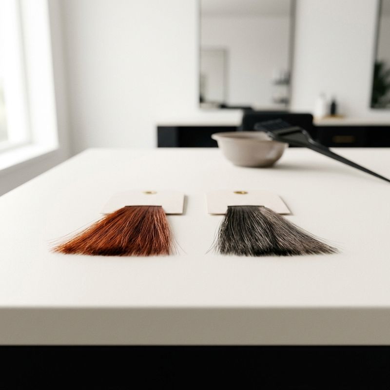 Two hair strand swatches side by side, one showing a visible red-orange undertone and the other already corrected to a neutral tone