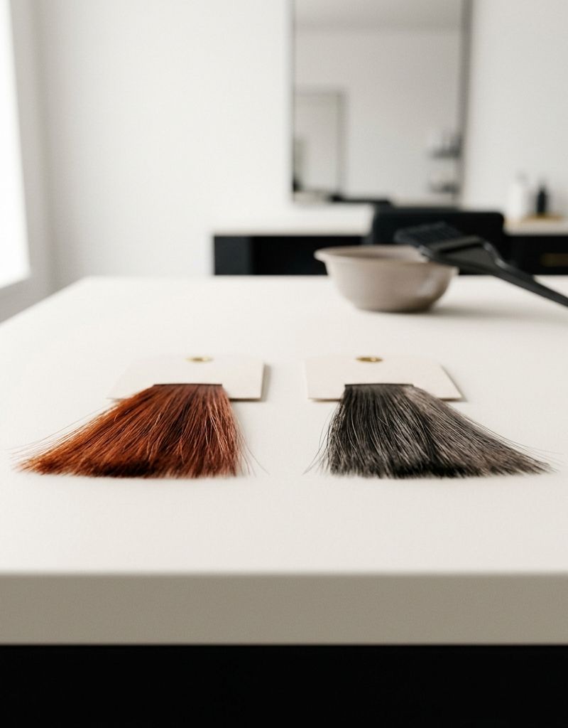 Dos mechones de cabello colocados uno junto al otro, uno con reflejo rojo-anaranjado visible y otro ya corregido con tono neutro