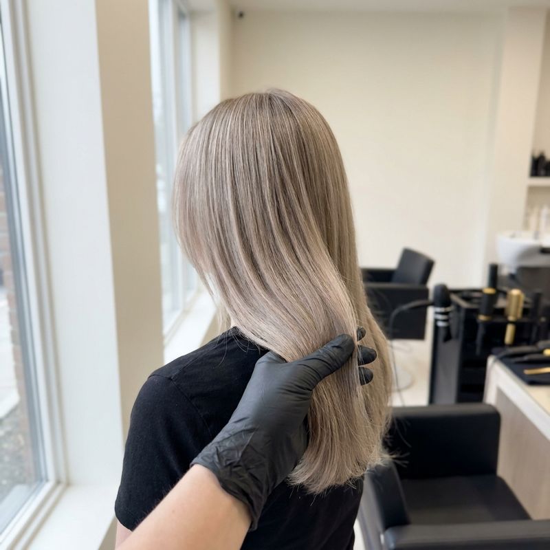 Cabelo recém-neutralizado em tom bege frio, cliente de perfil perto de uma janela com luz natural no salão