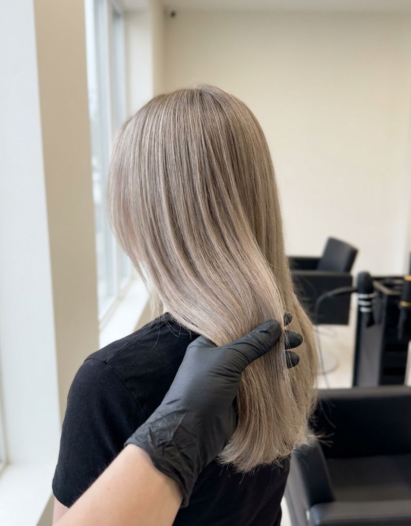 Melena recién neutralizada en tono beige frío, clienta de perfil junto a una ventana con luz natural en el salón