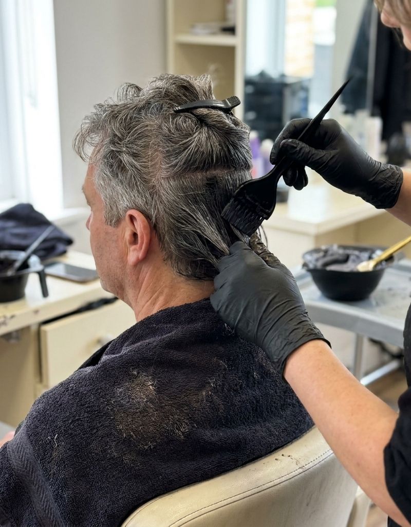 Manos enguantadas aplicando tinte con paletina sobre canas salt-and-pepper en la nuca de una clienta, en cabina real con bol de mezcla al fondo