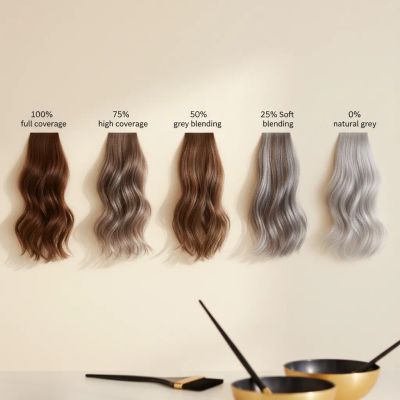 Comparação visual dos 5 níveis de cobertura de cabelos brancos: de 100% ao grey blending natural