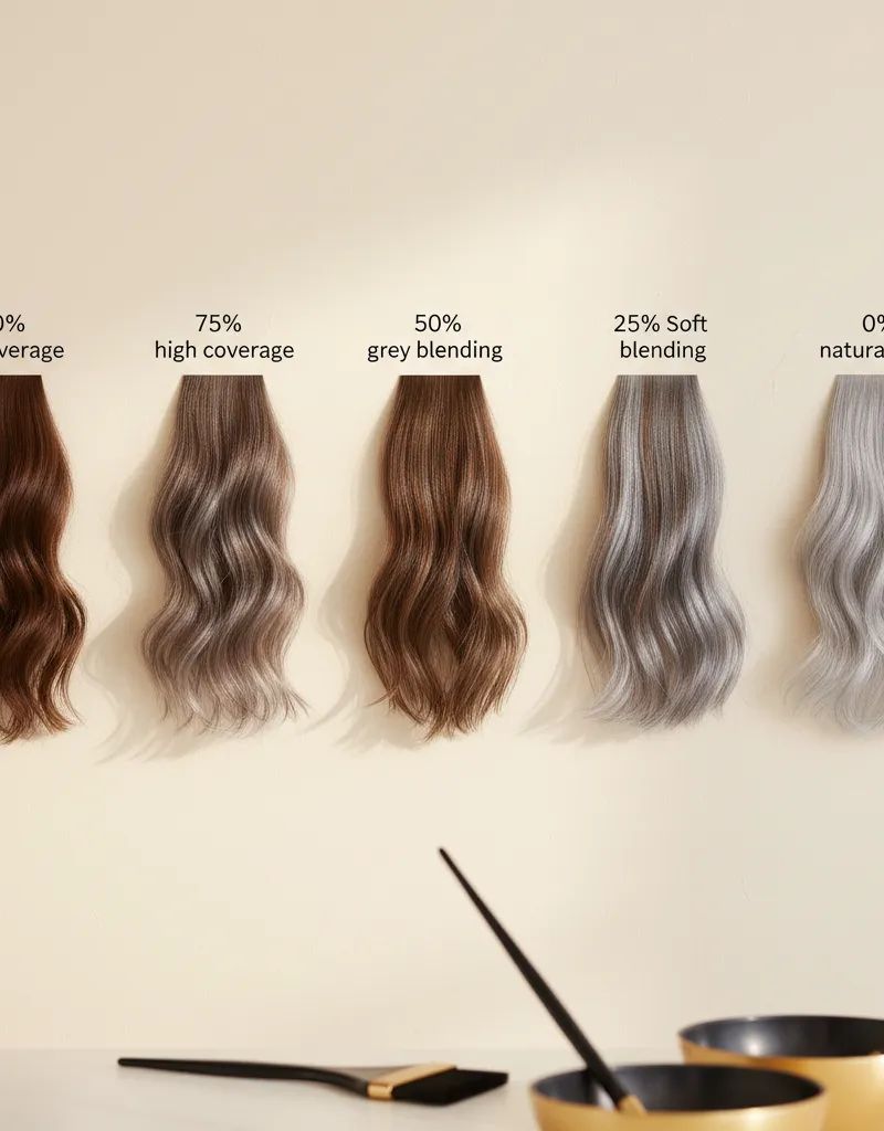 Visual comparison of the 5 grey hair coverage levels: from 100% to natural grey blending
