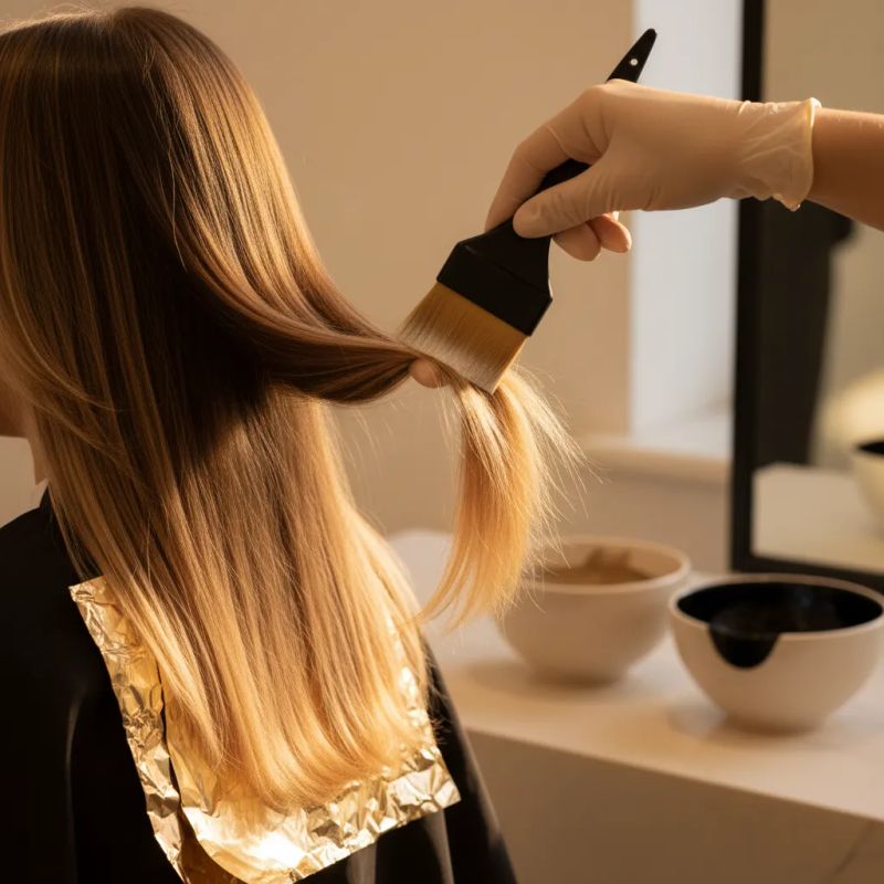 Professional colorist applying gradient technique with brush and foil in modern salon