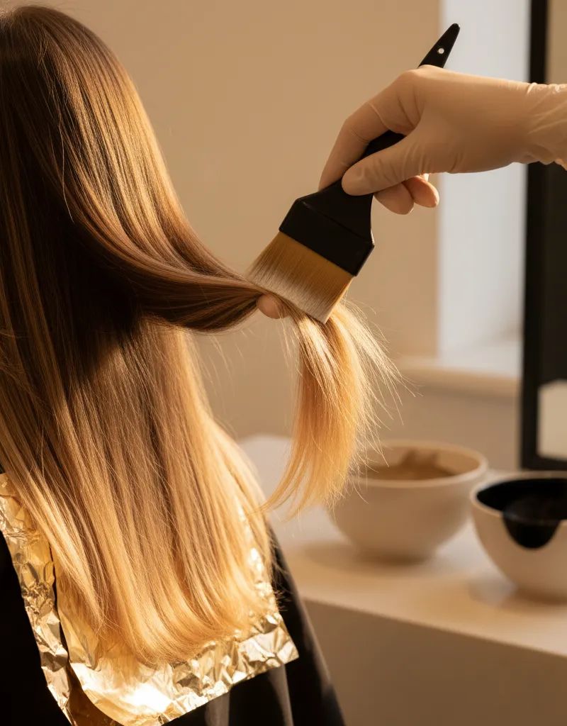 Professional colorist applying gradient technique with brush and foil in modern salon