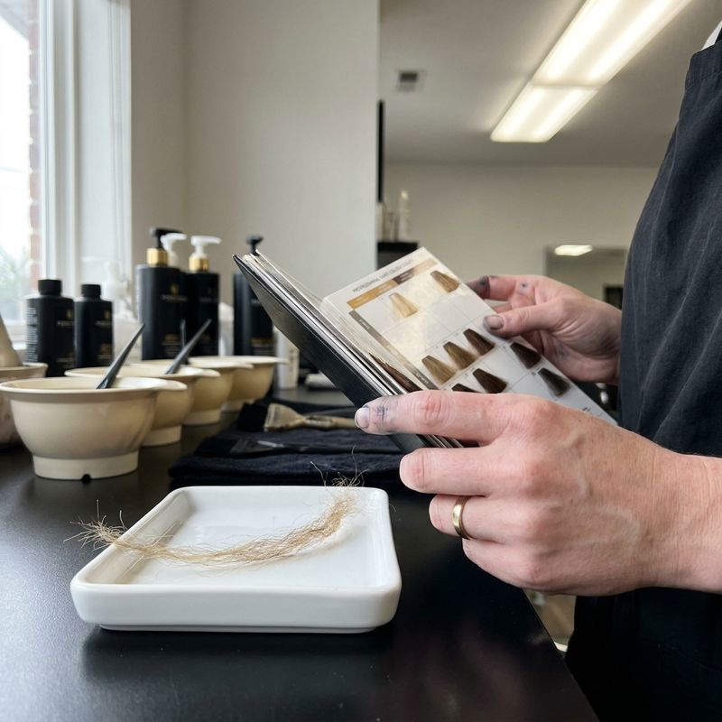 Manos de una persona profesional del color consultando la carta de reflejos de Igora junto a un mechón de pelo poroso, en el mostrador de un salón