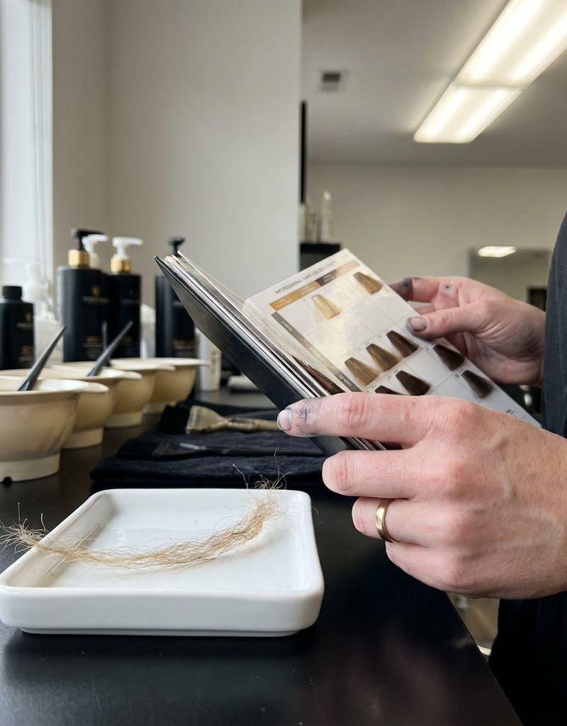 Manos de una persona profesional del color consultando la carta de reflejos de Igora junto a un mechón de pelo poroso, en el mostrador de un salón