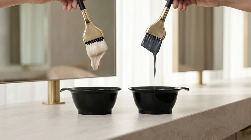 Comparação de oxidante em creme denso e líquido fluido escorrendo de dois pincéis