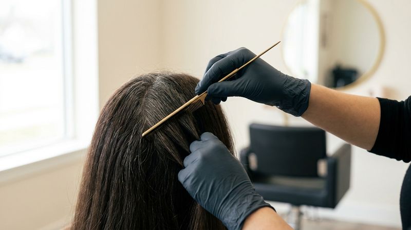 Colorista examinando a raiz e o fio branco resistente com pente antes de aplicar a cor