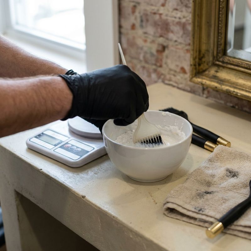Gloved hands mixing lightener powder in a white non-metal bowl next to a scale