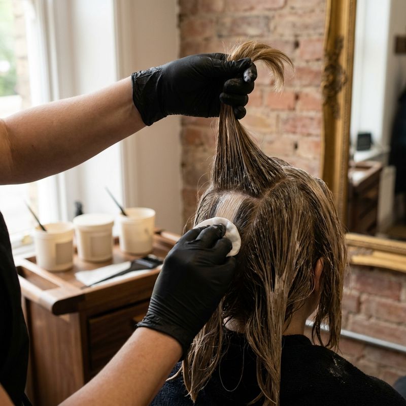 Gloved fingers lifting a section of hair with lightener and wiping a small stripe clean with a cotton pad to see the underlying tone