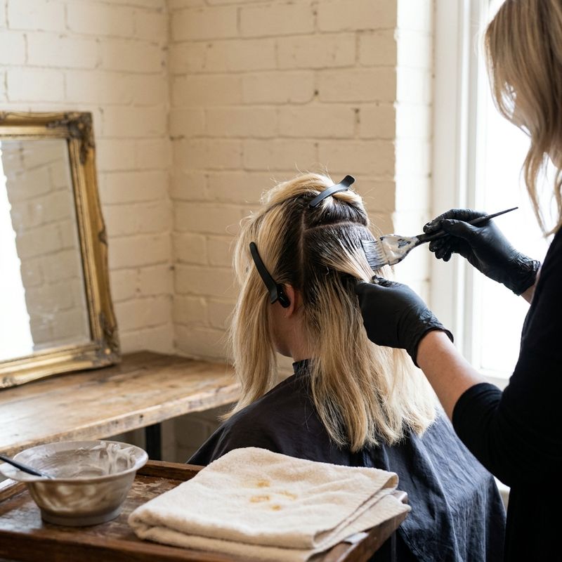 Gloved hands brushing lightener along the regrowth of a seated client seen from behind, hair sectioned with clips in a salon
