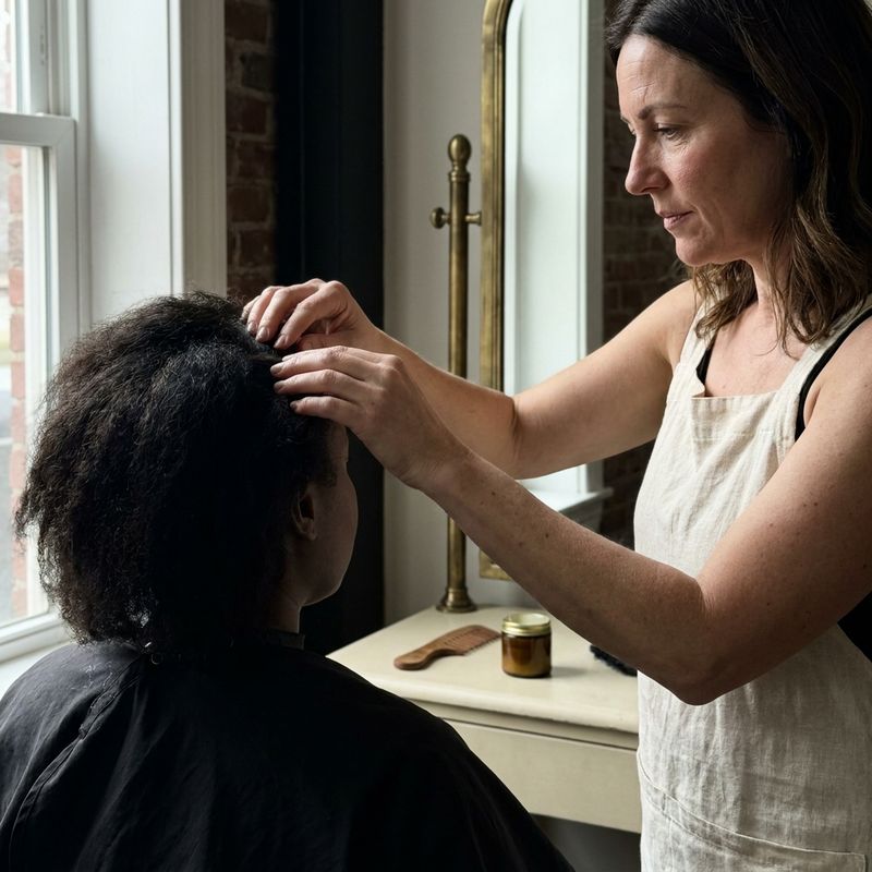A professional parting the hair of a seated client with their fingertips to look at the scalp, client seen from behind, next to the window