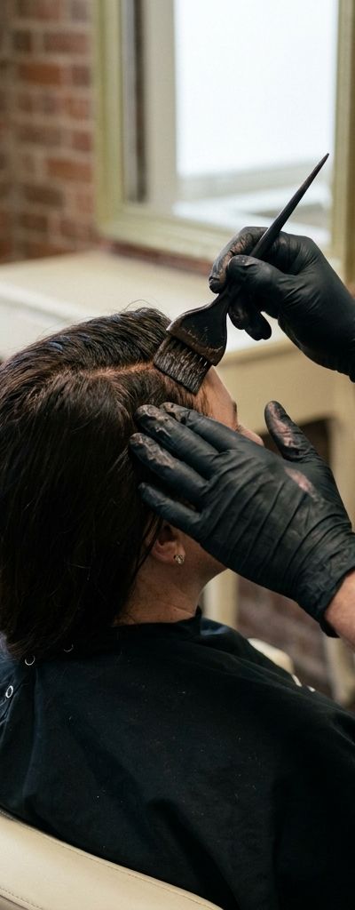 Colorista profesional aplicando tinte de retoque en la zona de raíz con brocha, sección fina junto al nacimiento del pelo