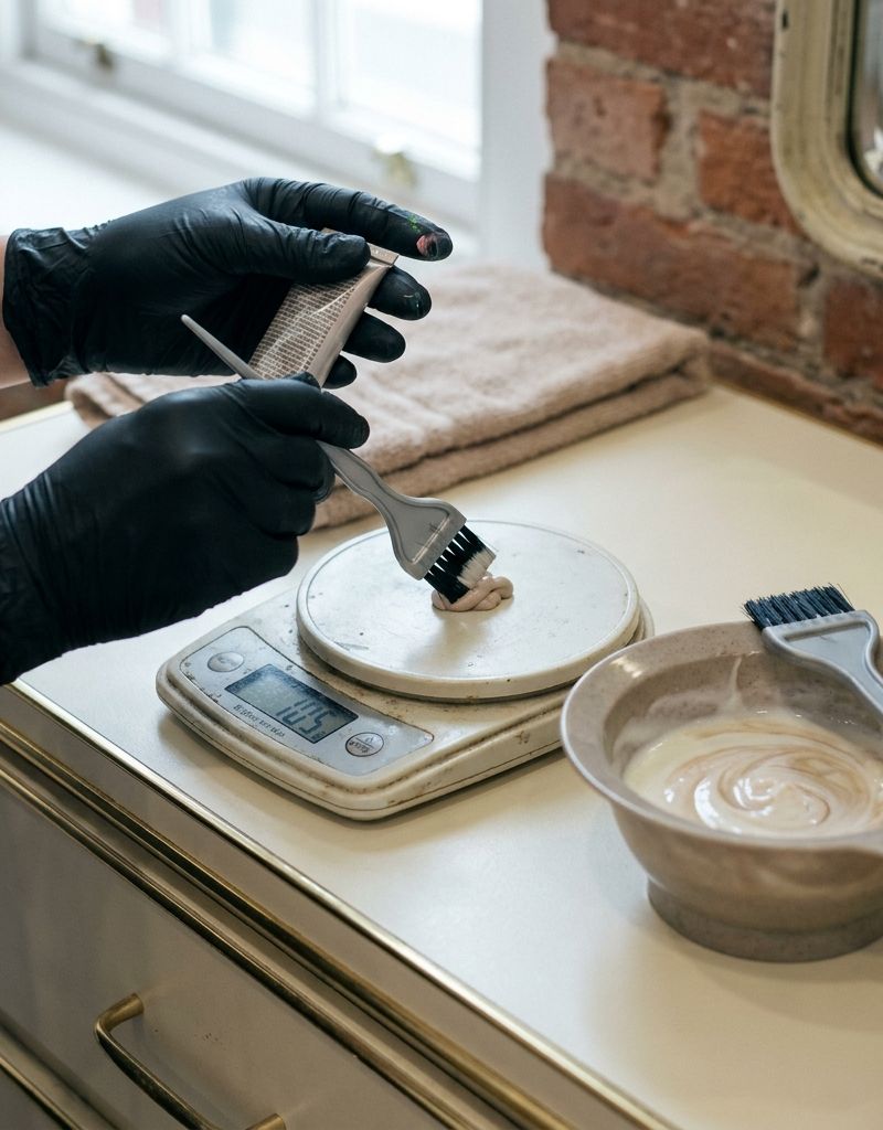 Mãos enluvadas de uma profissional pesando tinta em uma balança digital ao lado de um recipiente com oxidante, sobre a bancada de trabalho do salão